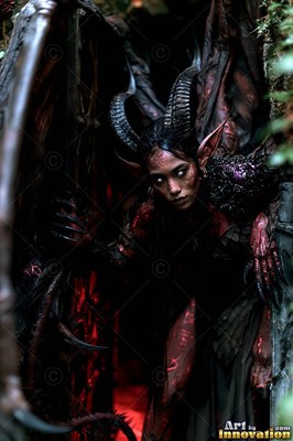 Creeping through a dark stone doorway, a woman with horns peers forward with pale eyes
