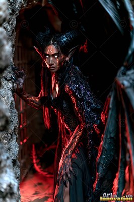 Horned demon woman with pointed ears in a dark stone cave