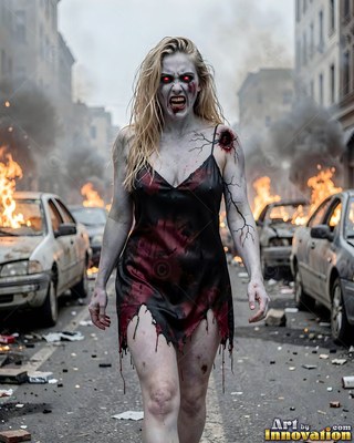 Undead siren in battle-worn leather against a desolate wasteland under a burning red sky