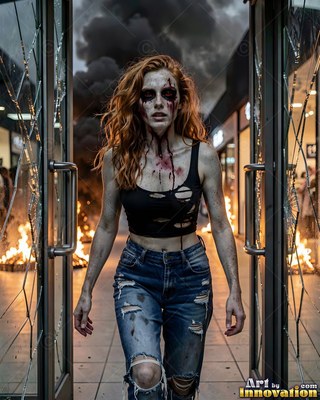 Hauntingly beautiful undead siren with pale skin and dark veins, standing in the ruins of a dead city
