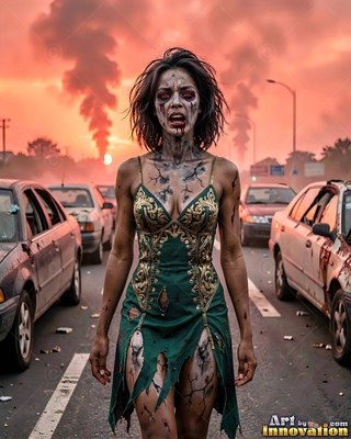 Female undead siren in a torn gothic dress amid rubble and drifting fog, lit in cold cinematic light