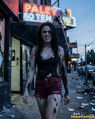 Close horror portrait of a beautiful undead woman, clouded eyes and dark tracery across gray skin