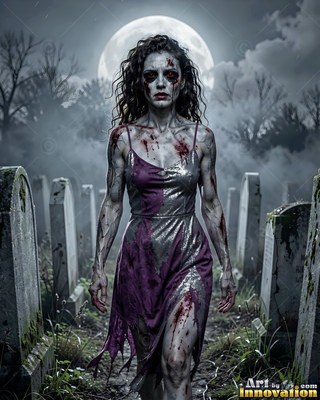 Undead siren in battle-worn leather against a desolate wasteland under a burning red sky
