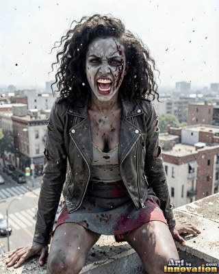 Hauntingly beautiful undead siren with pale skin and dark veins, standing in the ruins of a dead city