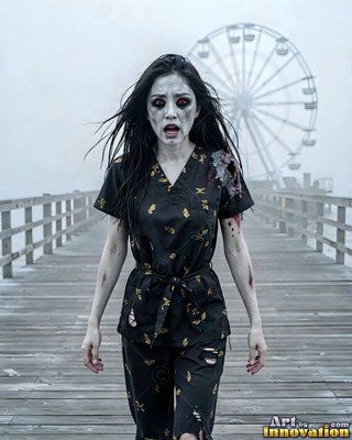 Female undead siren in a torn gothic dress amid rubble and drifting fog, lit in cold cinematic light