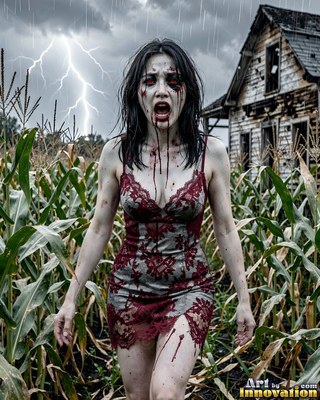 Close horror portrait of a beautiful undead woman, clouded eyes and dark tracery across gray skin