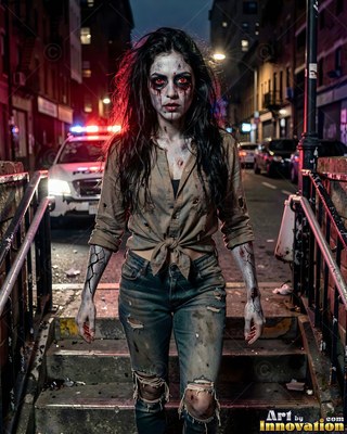 Undead siren in battle-worn leather against a desolate wasteland under a burning red sky