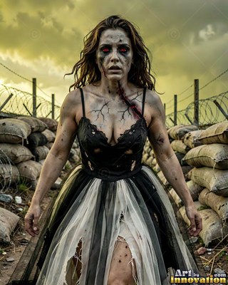 Hauntingly beautiful undead siren with pale skin and dark veins, standing in the ruins of a dead city