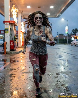 Female undead siren in a torn gothic dress amid rubble and drifting fog, lit in cold cinematic light