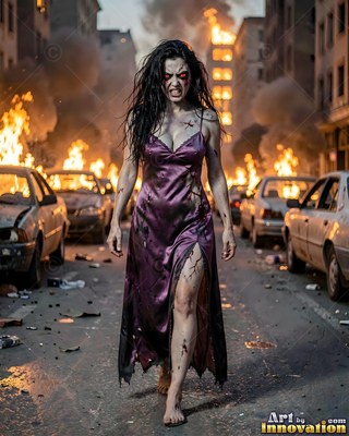 Close horror portrait of a beautiful undead woman, clouded eyes and dark tracery across gray skin