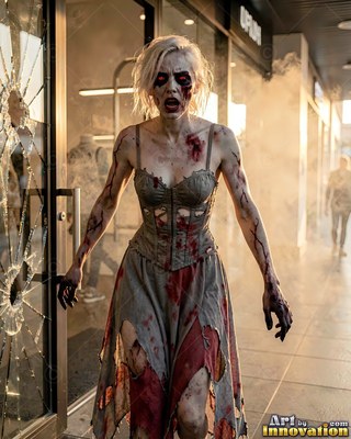 Undead siren in battle-worn leather against a desolate wasteland under a burning red sky