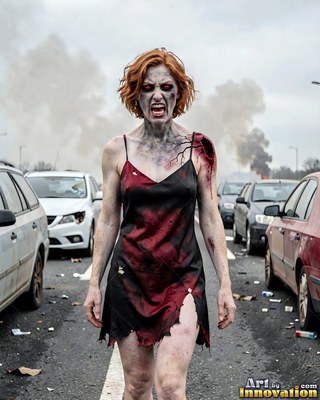Hauntingly beautiful undead siren with pale skin and dark veins, standing in the ruins of a dead city