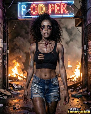 Female undead siren in a torn gothic dress amid rubble and drifting fog, lit in cold cinematic light