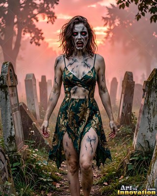 Close horror portrait of a beautiful undead woman, clouded eyes and dark tracery across gray skin