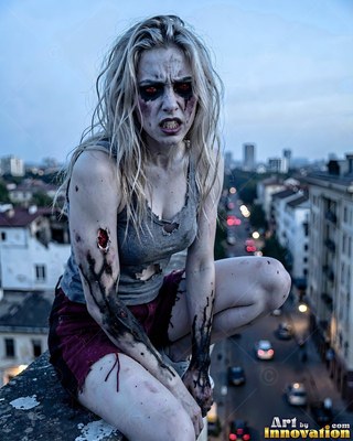 Undead siren in battle-worn leather against a desolate wasteland under a burning red sky