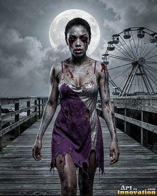 Hauntingly beautiful undead siren with pale skin and dark veins, standing in the ruins of a dead city