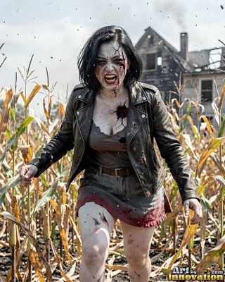 Female undead siren in a torn gothic dress amid rubble and drifting fog, lit in cold cinematic light