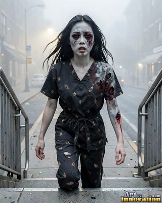 Close horror portrait of a beautiful undead woman, clouded eyes and dark tracery across gray skin