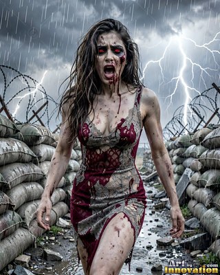 Undead siren in battle-worn leather against a desolate wasteland under a burning red sky