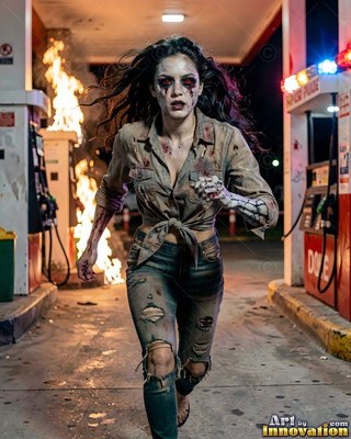 Hauntingly beautiful undead siren with pale skin and dark veins, standing in the ruins of a dead city