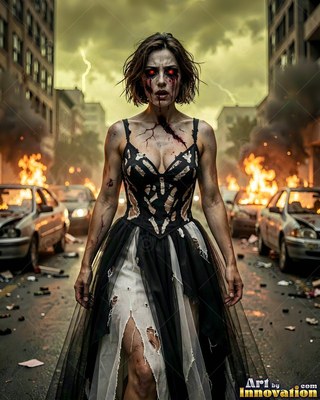 Female undead siren in a torn gothic dress amid rubble and drifting fog, lit in cold cinematic light