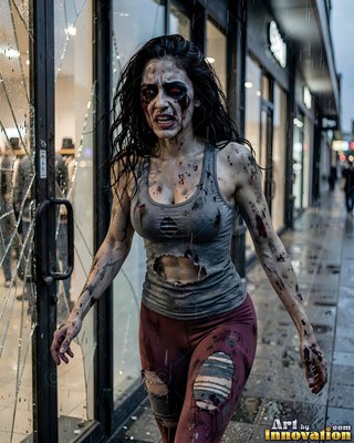 Close horror portrait of a beautiful undead woman, clouded eyes and dark tracery across gray skin