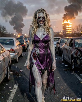 Undead siren in battle-worn leather against a desolate wasteland under a burning red sky