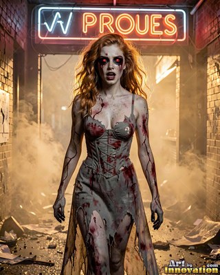 Hauntingly beautiful undead siren with pale skin and dark veins, standing in the ruins of a dead city