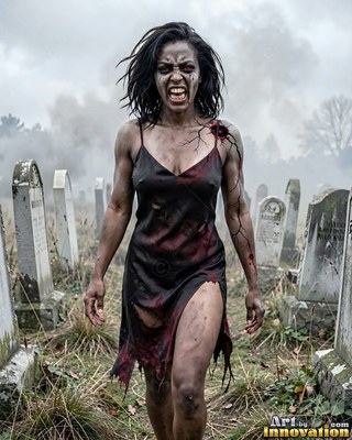 Female undead siren in a torn gothic dress amid rubble and drifting fog, lit in cold cinematic light