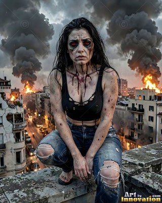 Close horror portrait of a beautiful undead woman, clouded eyes and dark tracery across gray skin