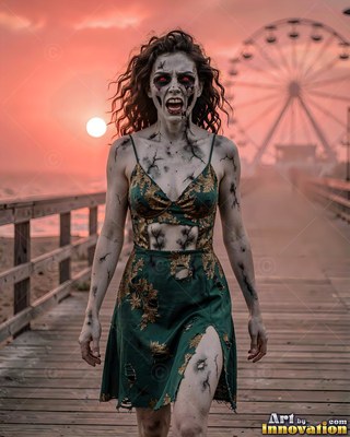 Undead siren in battle-worn leather against a desolate wasteland under a burning red sky
