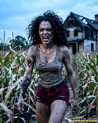 Hauntingly beautiful undead siren with pale skin and dark veins, standing in the ruins of a dead city