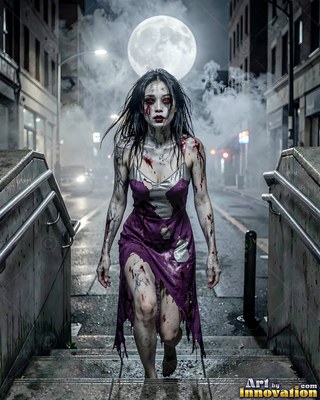 Female undead siren in a torn gothic dress amid rubble and drifting fog, lit in cold cinematic light