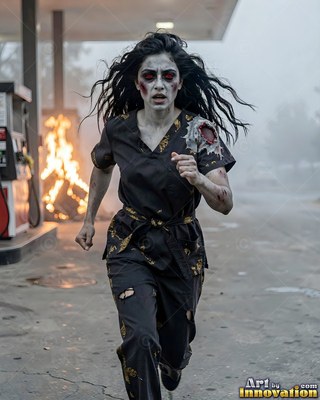 Undead siren in battle-worn leather against a desolate wasteland under a burning red sky