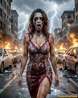 Hauntingly beautiful undead siren with pale skin and dark veins, standing in the ruins of a dead city
