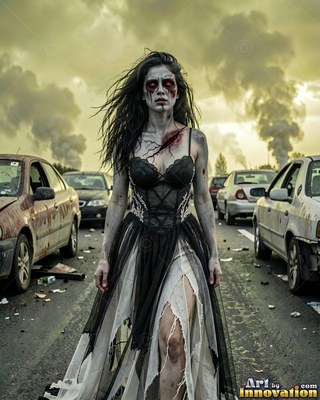 Close horror portrait of a beautiful undead woman, clouded eyes and dark tracery across gray skin