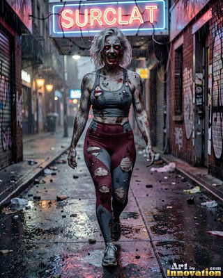 Undead siren in battle-worn leather against a desolate wasteland under a burning red sky
