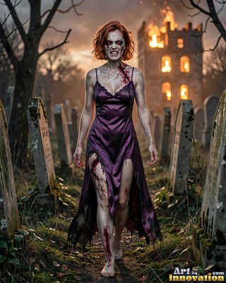 Hauntingly beautiful undead siren with pale skin and dark veins, standing in the ruins of a dead city