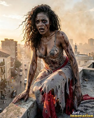 Female undead siren in a torn gothic dress amid rubble and drifting fog, lit in cold cinematic light