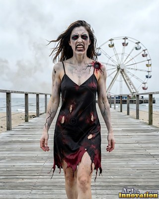 Close horror portrait of a beautiful undead woman, clouded eyes and dark tracery across gray skin