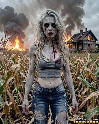 Undead siren in battle-worn leather against a desolate wasteland under a burning red sky