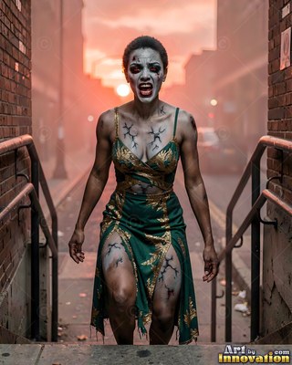 Hauntingly beautiful undead siren with pale skin and dark veins, standing in the ruins of a dead city