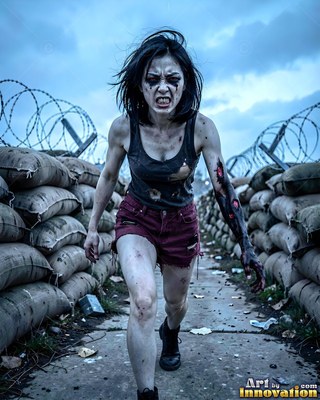 Female undead siren in a torn gothic dress amid rubble and drifting fog, lit in cold cinematic light