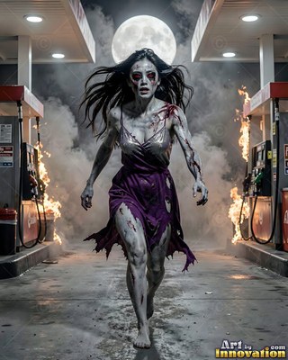 Close horror portrait of a beautiful undead woman, clouded eyes and dark tracery across gray skin