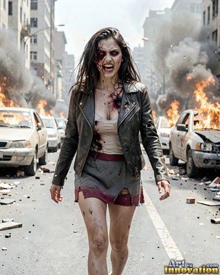 Undead siren in battle-worn leather against a desolate wasteland under a burning red sky