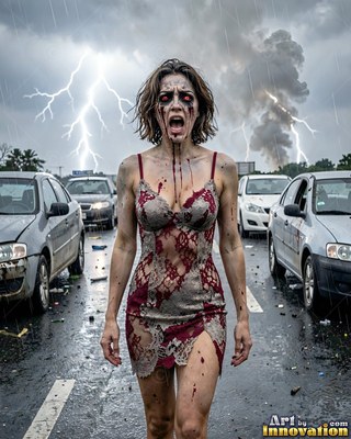Female undead siren in a torn gothic dress amid rubble and drifting fog, lit in cold cinematic light