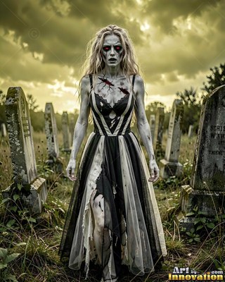Undead siren in battle-worn leather against a desolate wasteland under a burning red sky