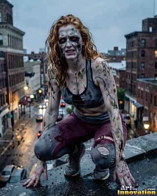 Hauntingly beautiful undead siren with pale skin and dark veins, standing in the ruins of a dead city