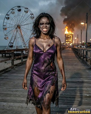 Female undead siren in a torn gothic dress amid rubble and drifting fog, lit in cold cinematic light