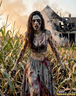Close horror portrait of a beautiful undead woman, clouded eyes and dark tracery across gray skin